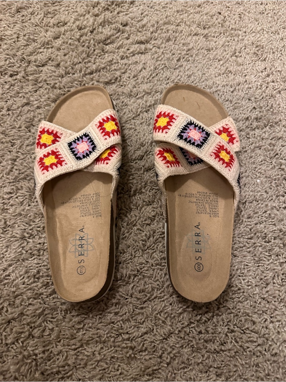 Serra Crochet Crossband Slide Sandals in Cream with Red, Yellow & Pink Accents